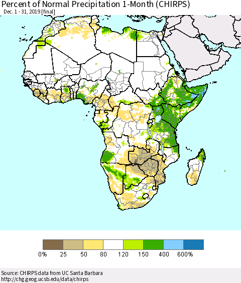 Africa Percent of Normal Precipitation 1-Month (CHIRPS) Thematic Map For 12/1/2019 - 12/31/2019