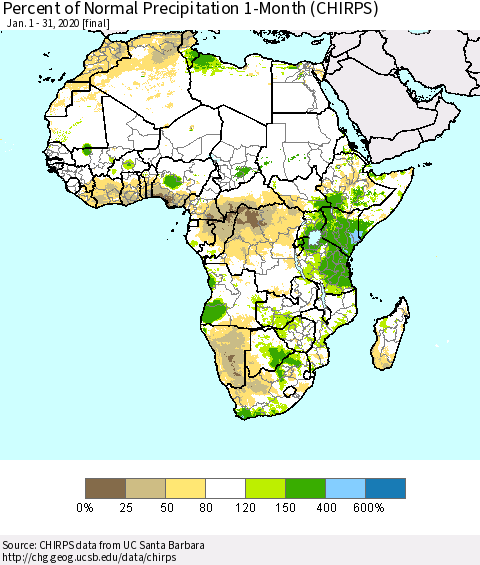 Africa Percent of Normal Precipitation 1-Month (CHIRPS) Thematic Map For 1/1/2020 - 1/31/2020