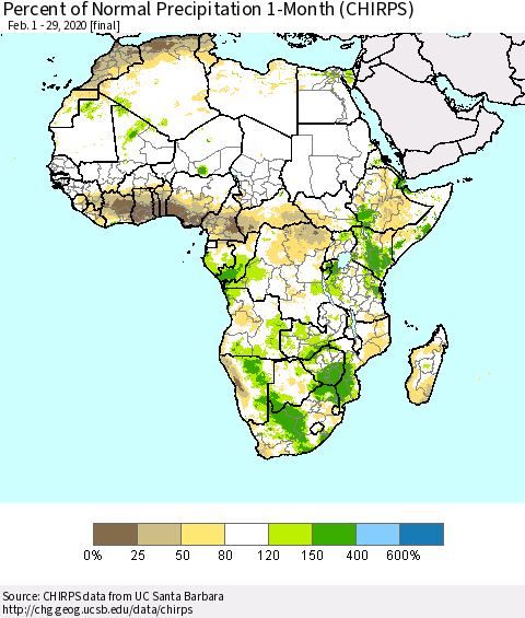 Africa Percent of Normal Precipitation 1-Month (CHIRPS) Thematic Map For 2/1/2020 - 2/29/2020