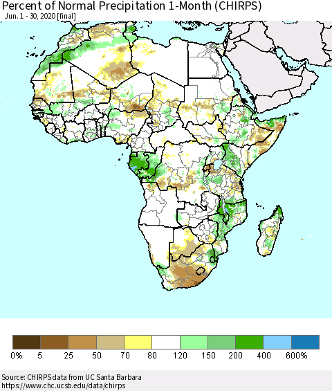 Africa Percent of Normal Precipitation 1-Month (CHIRPS) Thematic Map For 6/1/2020 - 6/30/2020