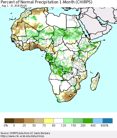 Africa Percent of Normal Precipitation 1-Month (CHIRPS) Thematic Map For 8/1/2020 - 8/31/2020