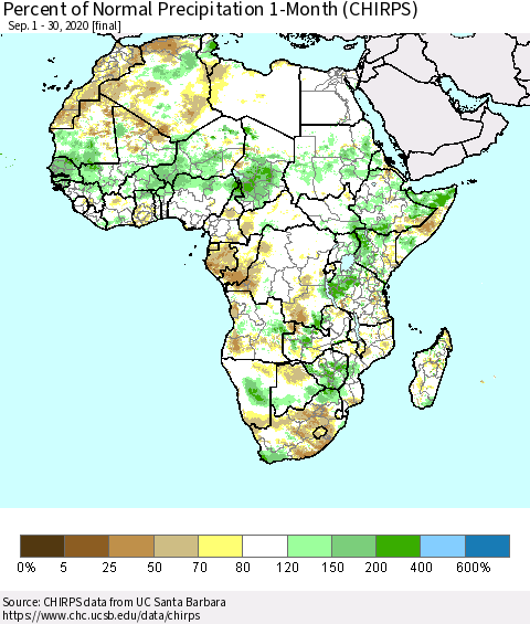 Africa Percent of Normal Precipitation 1-Month (CHIRPS) Thematic Map For 9/1/2020 - 9/30/2020