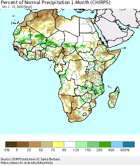 Africa Percent of Normal Precipitation 1-Month (CHIRPS) Thematic Map For 10/1/2020 - 10/31/2020