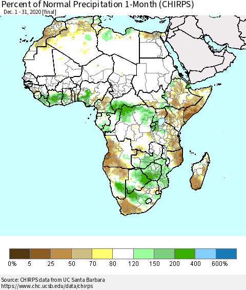 Africa Percent of Normal Precipitation 1-Month (CHIRPS) Thematic Map For 12/1/2020 - 12/31/2020