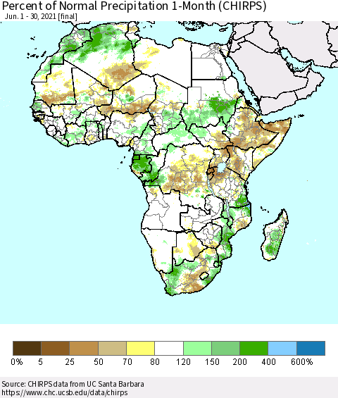 Africa Percent of Normal Precipitation 1-Month (CHIRPS) Thematic Map For 6/1/2021 - 6/30/2021