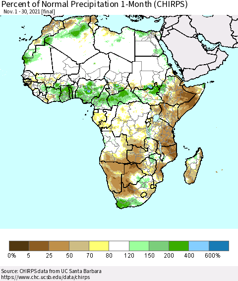 Africa Percent of Normal Precipitation 1-Month (CHIRPS) Thematic Map For 11/1/2021 - 11/30/2021