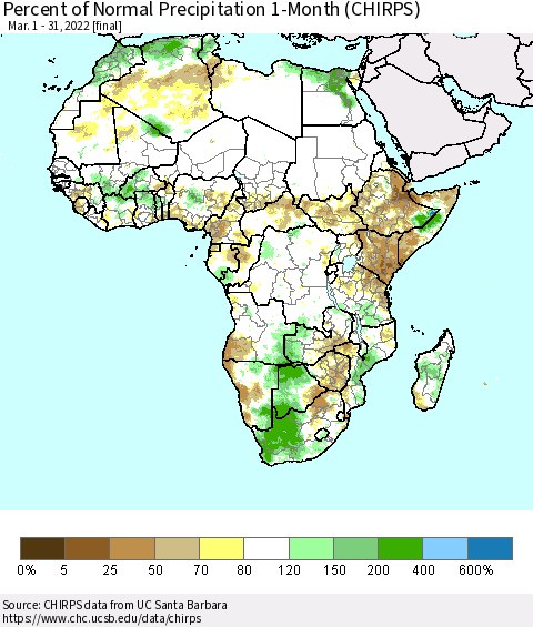 Africa Percent of Normal Precipitation 1-Month (CHIRPS) Thematic Map For 3/1/2022 - 3/31/2022