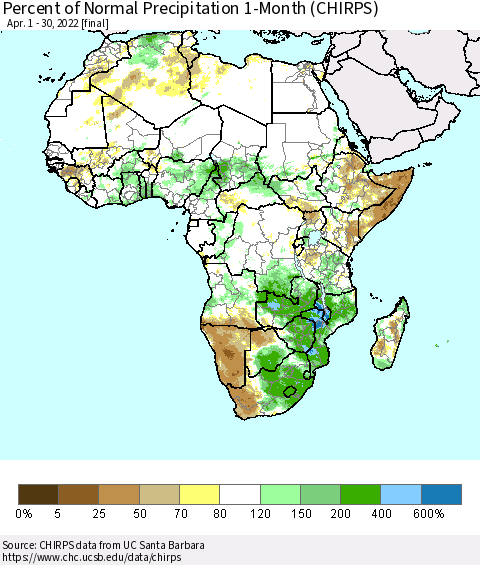 Africa Percent of Normal Precipitation 1-Month (CHIRPS) Thematic Map For 4/1/2022 - 4/30/2022