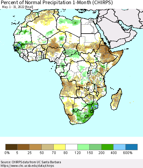 Africa Percent of Normal Precipitation 1-Month (CHIRPS) Thematic Map For 5/1/2022 - 5/31/2022