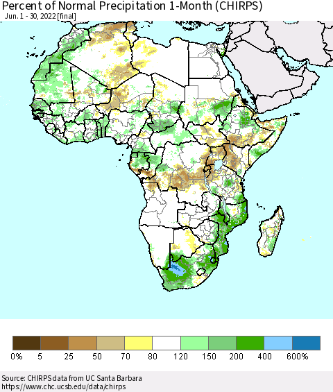 Africa Percent of Normal Precipitation 1-Month (CHIRPS) Thematic Map For 6/1/2022 - 6/30/2022