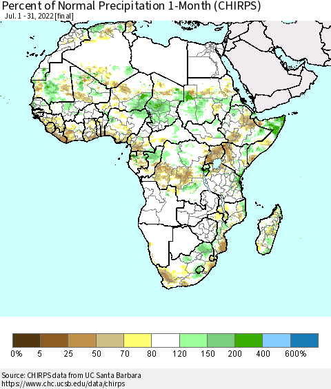 Africa Percent of Normal Precipitation 1-Month (CHIRPS) Thematic Map For 7/1/2022 - 7/31/2022