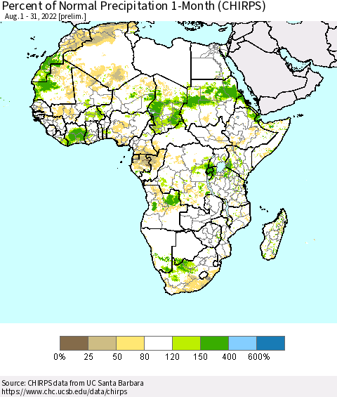 Africa Percent of Normal Precipitation 1-Month (CHIRPS) Thematic Map For 8/1/2022 - 8/31/2022