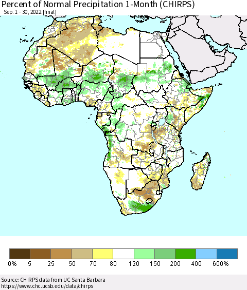 Africa Percent of Normal Precipitation 1-Month (CHIRPS) Thematic Map For 9/1/2022 - 9/30/2022