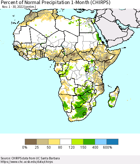 Africa Percent of Normal Precipitation 1-Month (CHIRPS) Thematic Map For 11/1/2022 - 11/30/2022