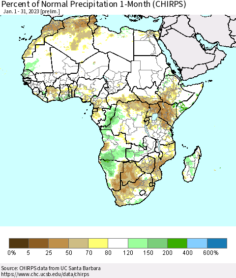 Africa Percent of Normal Precipitation 1-Month (CHIRPS) Thematic Map For 1/1/2023 - 1/31/2023
