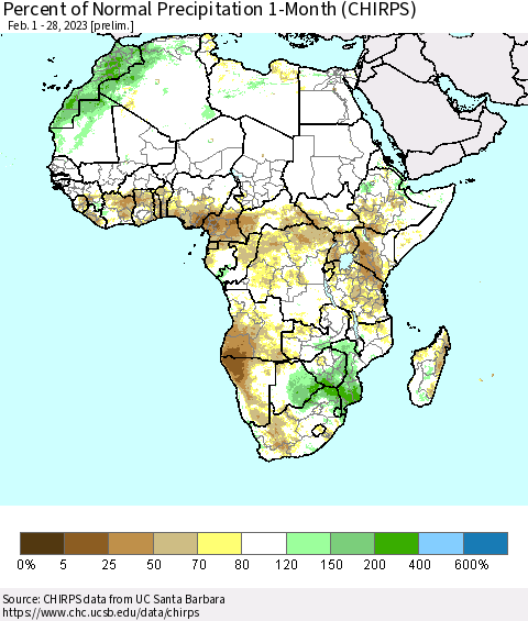Africa Percent of Normal Precipitation 1-Month (CHIRPS) Thematic Map For 2/1/2023 - 2/28/2023