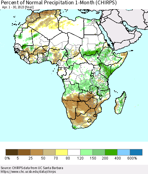 Africa Percent of Normal Precipitation 1-Month (CHIRPS) Thematic Map For 4/1/2023 - 4/30/2023