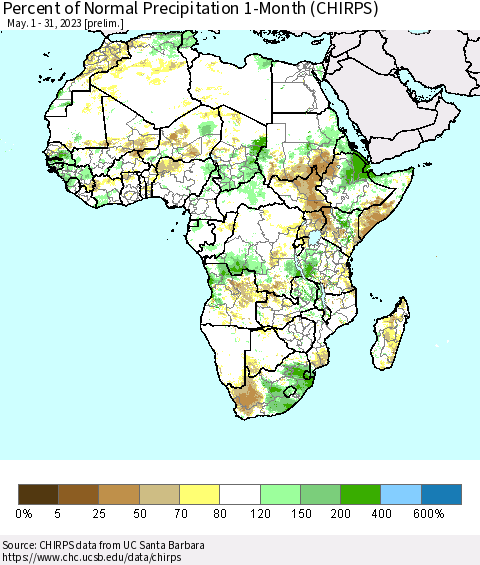 Africa Percent of Normal Precipitation 1-Month (CHIRPS) Thematic Map For 5/1/2023 - 5/31/2023