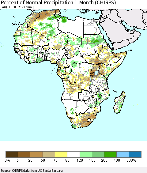 Africa Percent of Normal Precipitation 1-Month (CHIRPS) Thematic Map For 8/1/2023 - 8/31/2023