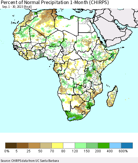 Africa Percent of Normal Precipitation 1-Month (CHIRPS) Thematic Map For 9/1/2023 - 9/30/2023