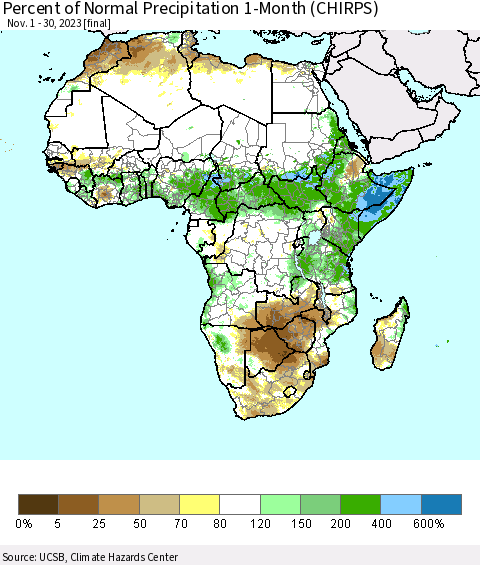 Africa Percent of Normal Precipitation 1-Month (CHIRPS) Thematic Map For 11/1/2023 - 11/30/2023