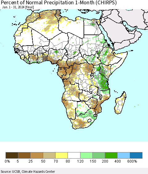 Africa Percent of Normal Precipitation 1-Month (CHIRPS) Thematic Map For 1/1/2024 - 1/31/2024