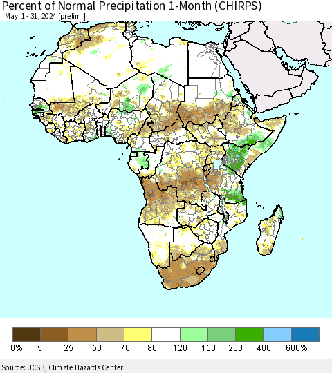 Africa Percent of Normal Precipitation 1-Month (CHIRPS) Thematic Map For 5/1/2024 - 5/31/2024