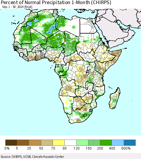 Africa Percent of Normal Precipitation 1-Month (CHIRPS) Thematic Map For 9/1/2024 - 9/30/2024