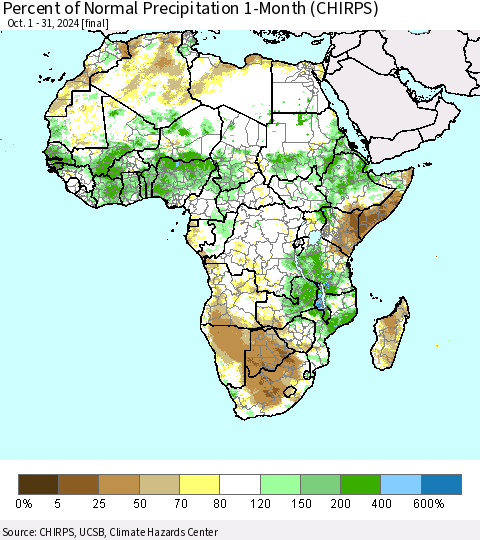 Africa Percent of Normal Precipitation 1-Month (CHIRPS) Thematic Map For 10/1/2024 - 10/31/2024