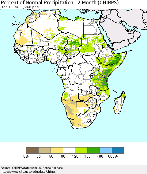 Africa Percent of Normal Precipitation 12-Month (CHIRPS) Thematic Map For 2/1/2019 - 1/31/2020