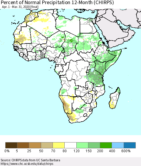 Africa Percent of Normal Precipitation 12-Month (CHIRPS) Thematic Map For 4/1/2019 - 3/31/2020
