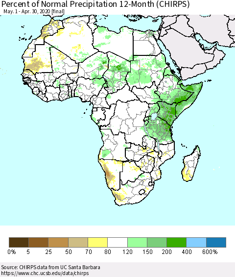 Africa Percent of Normal Precipitation 12-Month (CHIRPS) Thematic Map For 5/1/2019 - 4/30/2020