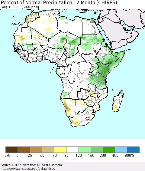 Africa Percent of Normal Precipitation 12-Month (CHIRPS) Thematic Map For 8/1/2019 - 7/31/2020