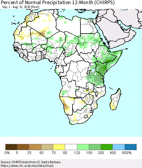 Africa Percent of Normal Precipitation 12-Month (CHIRPS) Thematic Map For 9/1/2019 - 8/31/2020