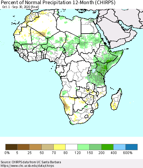 Africa Percent of Normal Precipitation 12-Month (CHIRPS) Thematic Map For 10/1/2019 - 9/30/2020