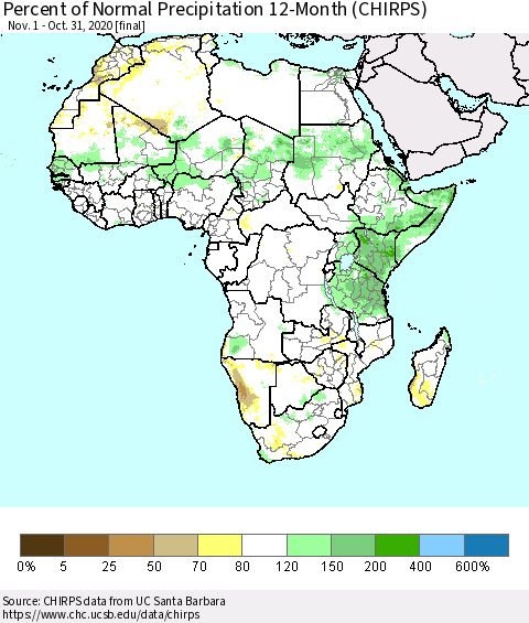 Africa Percent of Normal Precipitation 12-Month (CHIRPS) Thematic Map For 11/1/2019 - 10/31/2020