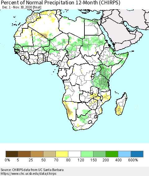 Africa Percent of Normal Precipitation 12-Month (CHIRPS) Thematic Map For 12/1/2019 - 11/30/2020