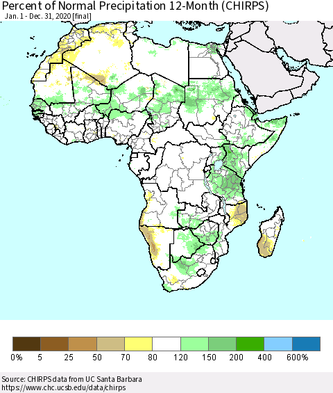 Africa Percent of Normal Precipitation 12-Month (CHIRPS) Thematic Map For 1/1/2020 - 12/31/2020