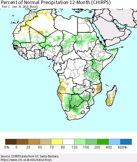 Africa Percent of Normal Precipitation 12-Month (CHIRPS) Thematic Map For 2/1/2020 - 1/31/2021