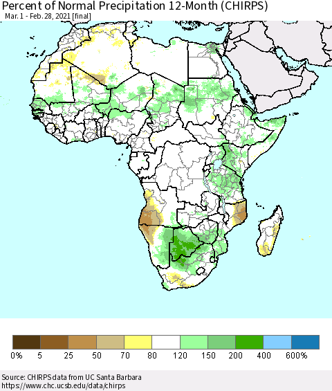 Africa Percent of Normal Precipitation 12-Month (CHIRPS) Thematic Map For 3/1/2020 - 2/28/2021