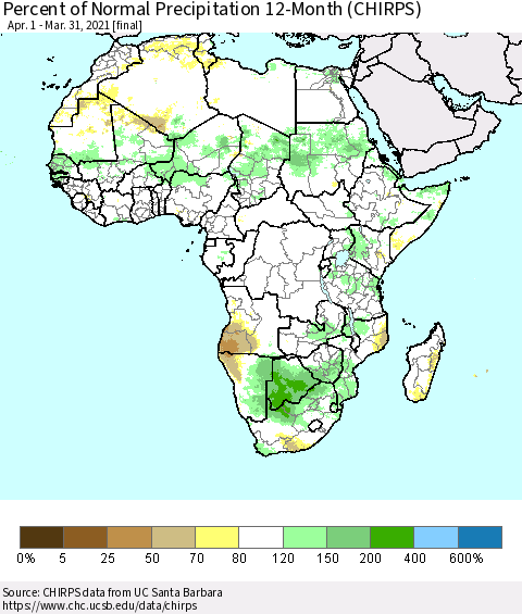 Africa Percent of Normal Precipitation 12-Month (CHIRPS) Thematic Map For 4/1/2020 - 3/31/2021