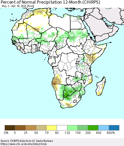 Africa Percent of Normal Precipitation 12-Month (CHIRPS) Thematic Map For 5/1/2020 - 4/30/2021