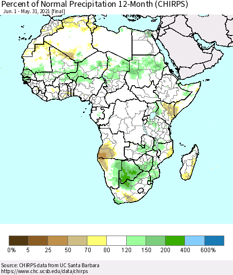 Africa Percent of Normal Precipitation 12-Month (CHIRPS) Thematic Map For 6/1/2020 - 5/31/2021