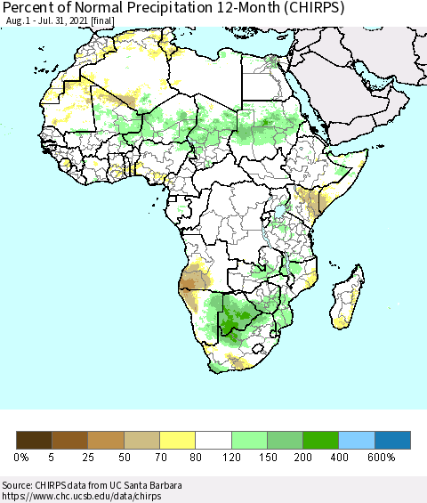 Africa Percent of Normal Precipitation 12-Month (CHIRPS) Thematic Map For 8/1/2020 - 7/31/2021