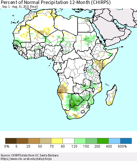 Africa Percent of Normal Precipitation 12-Month (CHIRPS) Thematic Map For 9/1/2020 - 8/31/2021