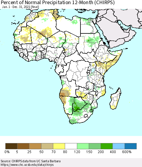 Africa Percent of Normal Precipitation 12-Month (CHIRPS) Thematic Map For 1/1/2021 - 12/31/2021