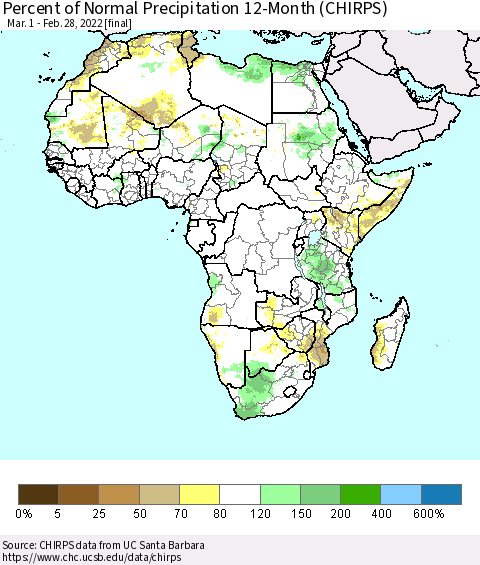 Africa Percent of Normal Precipitation 12-Month (CHIRPS) Thematic Map For 3/1/2021 - 2/28/2022
