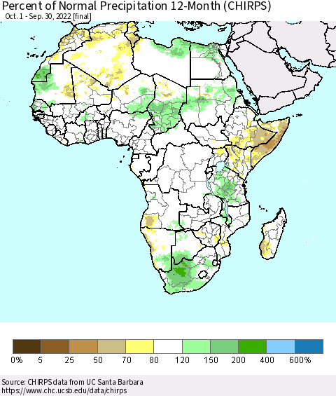 Africa Percent of Normal Precipitation 12-Month (CHIRPS) Thematic Map For 10/1/2021 - 9/30/2022