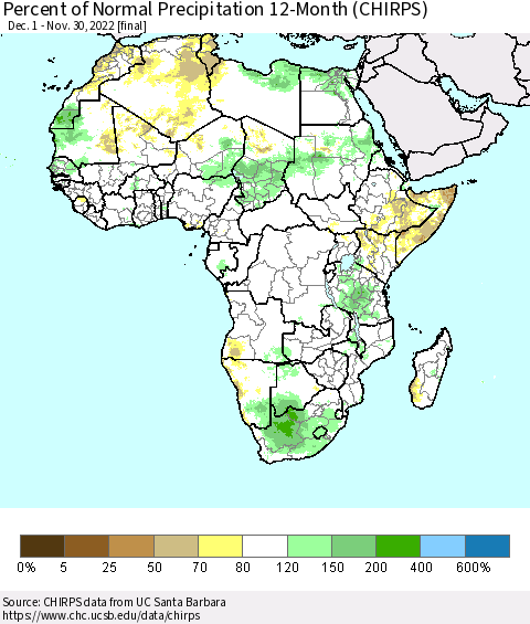 Africa Percent of Normal Precipitation 12-Month (CHIRPS) Thematic Map For 12/1/2021 - 11/30/2022
