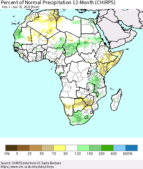 Africa Percent of Normal Precipitation 12-Month (CHIRPS) Thematic Map For 2/1/2022 - 1/31/2023